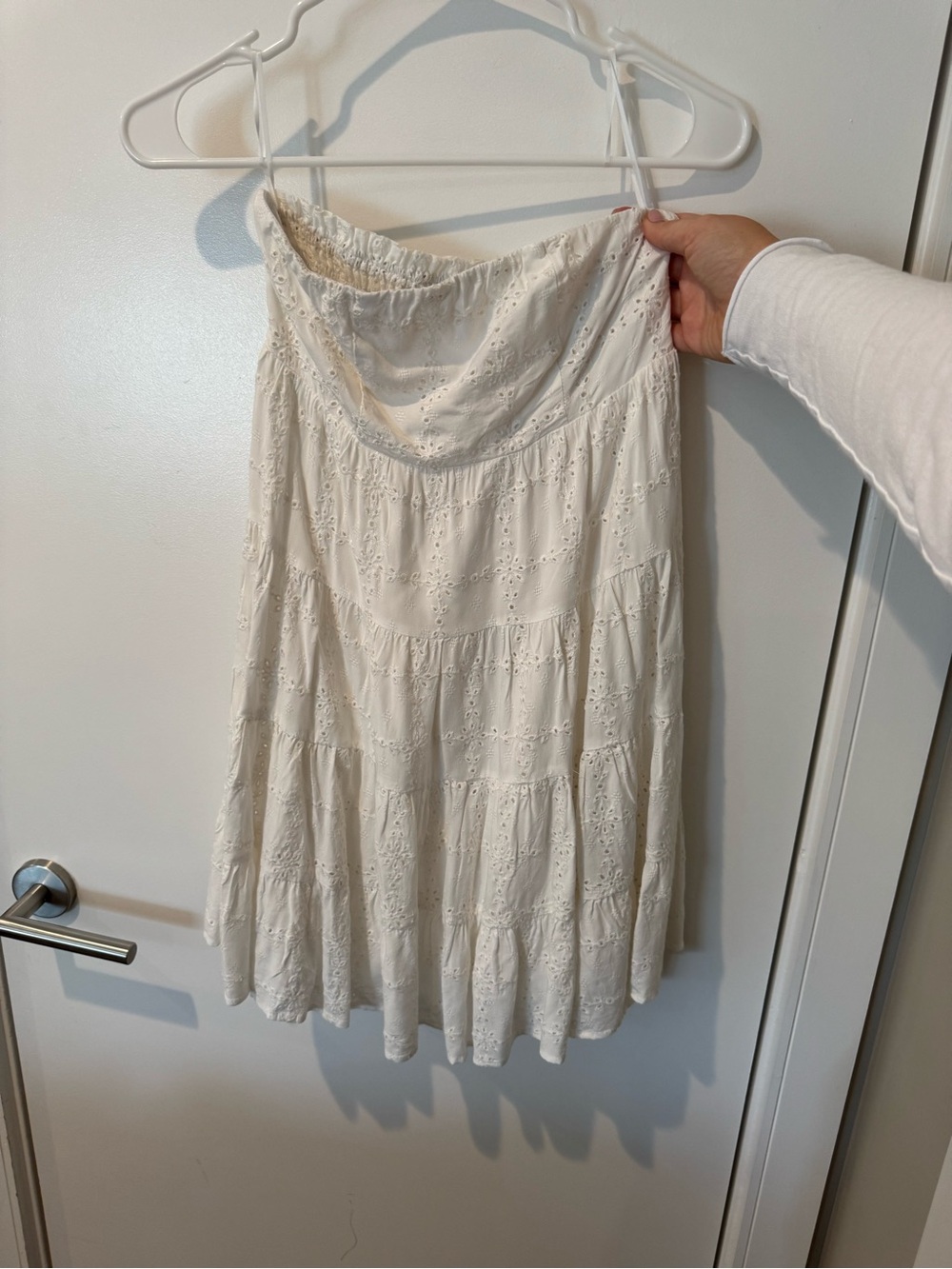 Sky to Moon Strapless White Eyelet Tiered Mini Dress Size Medium